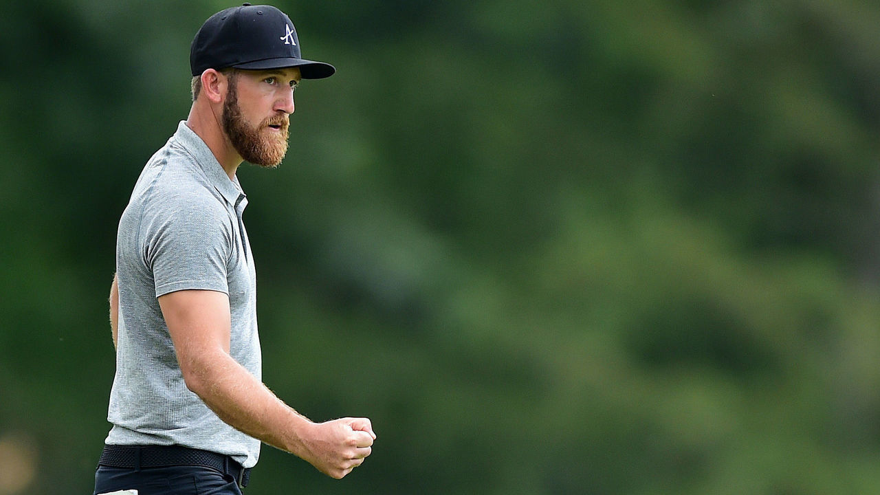 WHITE SULPHUR SPRINGS, WEST VIRGINIA - SEPTEMBER 13: Kevin Chappell reacts following his birdie putt on the seventh green during the second round of A Military Tribute At The Greenbrier held at the Old White TPC course on September 13, 2019 in White Sulphur Springs, West Virginia. Chappell went on to shoot a score of 59 on the day.