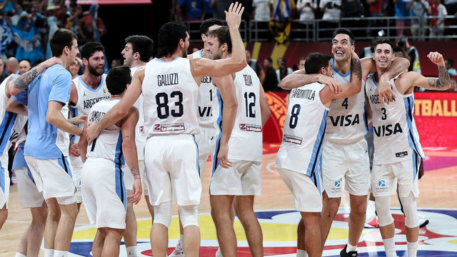 BEIJING, CHINA - SEPTEMBER 13: Team Argentina celebrate after their team's win against France during the semi-finals of 2019 FIBA World Cup match between Argentina and France at Beijing Wukesong Sport Arena on September 13, 2019 in Beijing, China.