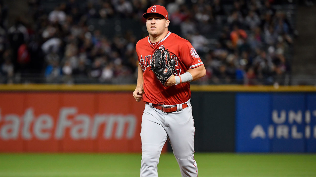 CHICAGO, ILLINOIS - SEPTEMBER 06: Mike Trout #27 of the Los Angeles Angels of Anaheim looks on against the Chicago White Sox at Guaranteed Rate Field on September 06, 2019 in Chicago, Illinois.