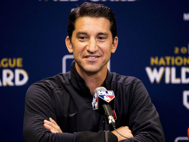 PHOENIX, AZ - OCTOBER 3: General Manager Mike Hazen of the Arizona Diamondbacks addresses the media prior to postseason workouts at Chase Field on October 3, 2017 in Phoenix, Arizona.