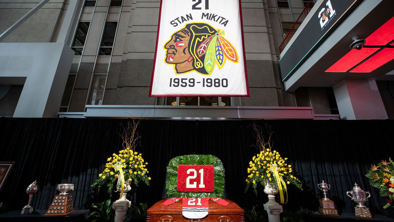 CHICAGO, IL - AUGUST 12: Stan Mikita lies in repose at his public visitation at the United Center on August 12, 2018 in Chicago, Illinois.