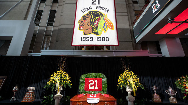 CHICAGO, IL - AUGUST 12: Stan Mikita lies in repose at his public visitation at the United Center on August 12, 2018 in Chicago, Illinois.