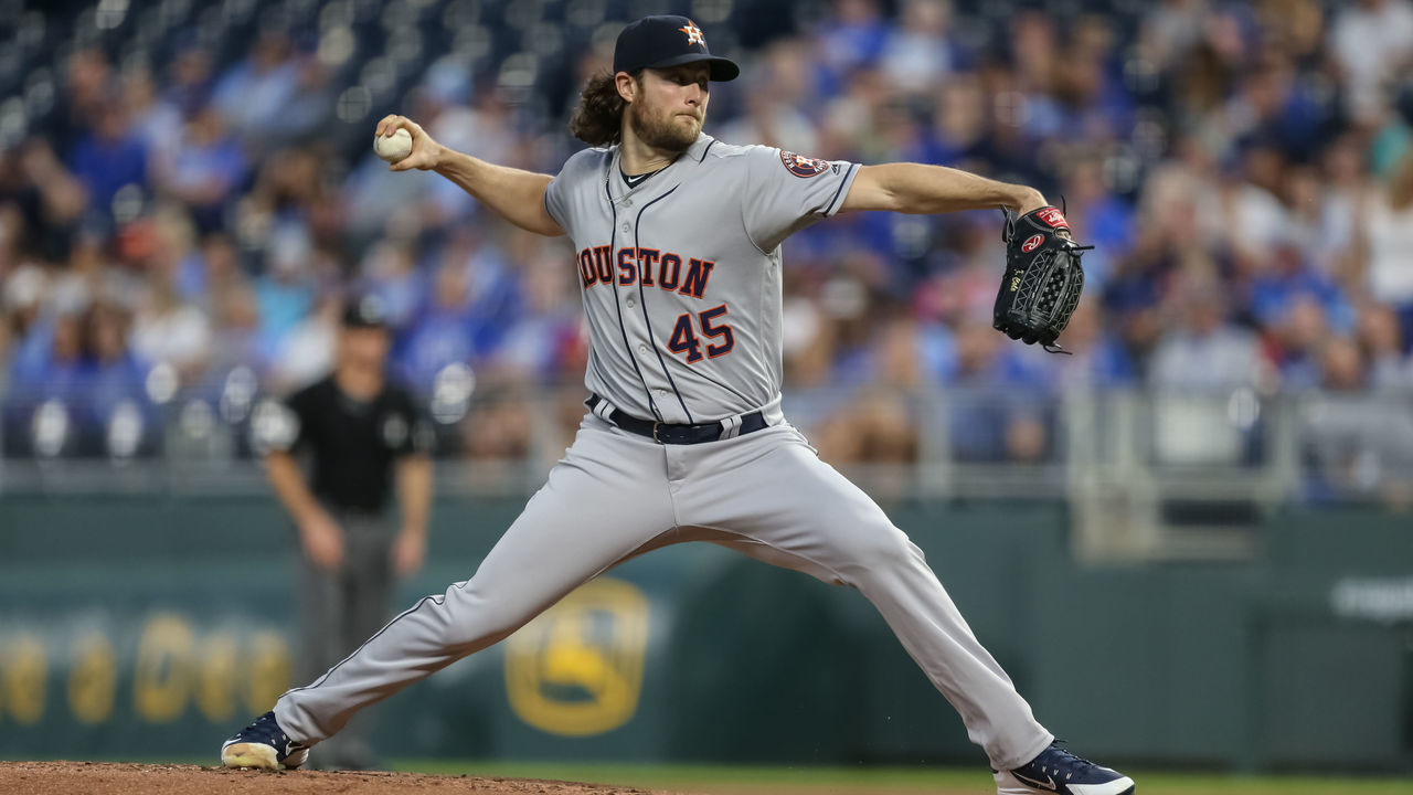 KANSAS CITY, MO - SEPTEMBER 13: Houston Astros starting pitcher Gerrit Cole (45) pitches in the first inning of an MLB baseball game between the Houston Astros and Kansas City Royals on September 13, 2019 at Kauffman Stadium in Kansas City, MO.