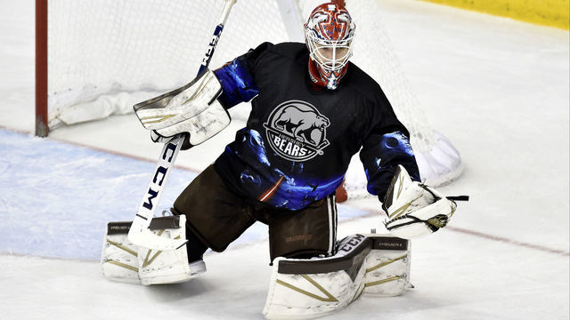 HERSHEY, PA - JANUARY 06: Hershey Bears goalie Ilya Samsonov (1) gloves a shot during the Milwaukee Admirals at Hershey Bears AHL game January 6, 2019 at the Giant Center in Hershey, PA.
