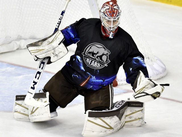 HERSHEY, PA - JANUARY 06: Hershey Bears goalie Ilya Samsonov (1) gloves a shot during the Milwaukee Admirals at Hershey Bears AHL game January 6, 2019 at the Giant Center in Hershey, PA.