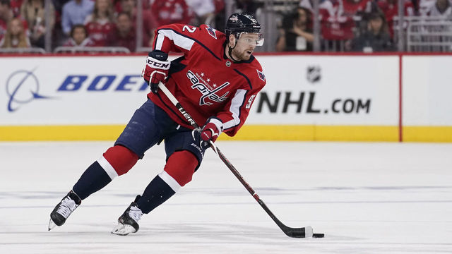 WASHINGTON, DC - APRIL 20: Evgeny Kuznetsov #92 of the Washington Capitals skates with the puck in the first period against the Carolina Hurricanes in Game Five of the Eastern Conference First Round during the 2019 NHL Stanley Cup Playoffs at Capital One Arena on April 20, 2019 in Washington, DC.