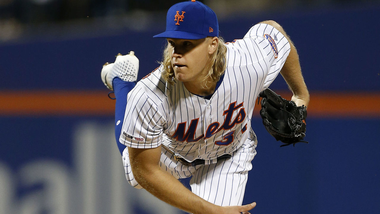 NEW YORK, NEW YORK - SEPTEMBER 13: Noah Syndergaard #34 of the New York Mets in action against the Los Angeles Dodgers at Citi Field on September 13, 2019 in New York City. The Dodgers defeated the Mets 9-2.