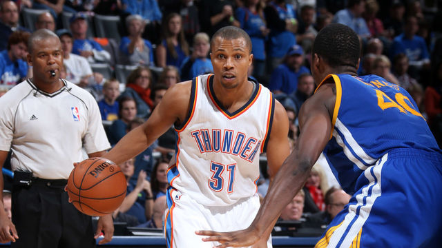 OKLAHOMA CITY, OK - NOVEMBER 23: Sebastian Telfair #31 of the Oklahoma City Thunder handles the ball against the Golden State Warriors on November 23, 2014 at the Chesapeake Energy Arena in Oklahoma City, Oklahoma. Mandatory Copyright Notice: Copyright 2014 NBAE
