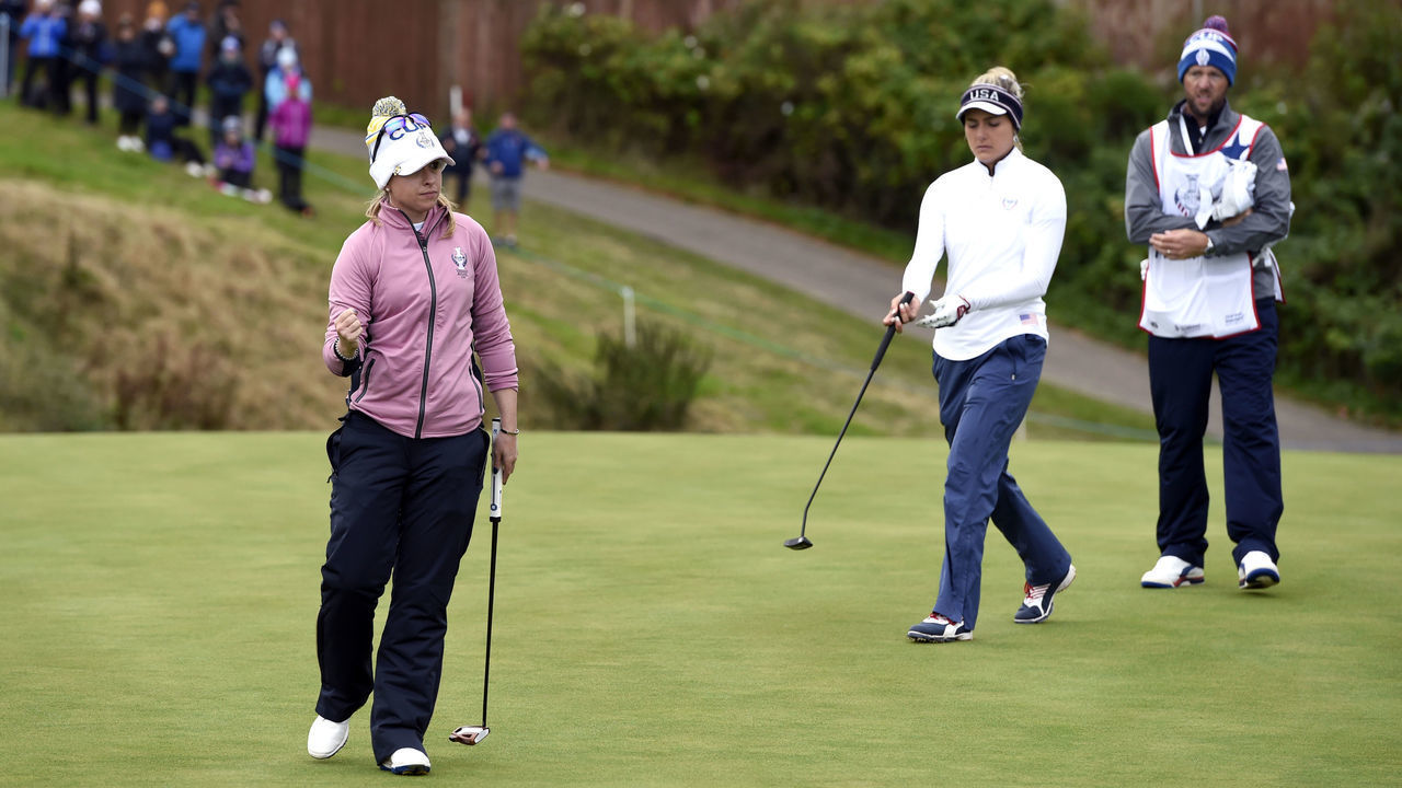 Team Europe's Jodi Ewart Shadoff (left) celebrates her putt on the 11th as Team USA's Lexi Thompson looks on during the Fourball match on day two of the 2019 Solheim Cup at Gleneagles Golf Club, Auchterarder.
