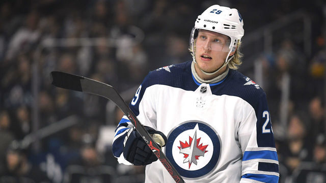 LOS ANGELES, CALIFORNIA - MARCH 18: Patrik Laine #29 of the Winnipeg Jets during a 3-1 win over the Los Angeles Kings at Staples Center on March 18, 2019 in Los Angeles, California.