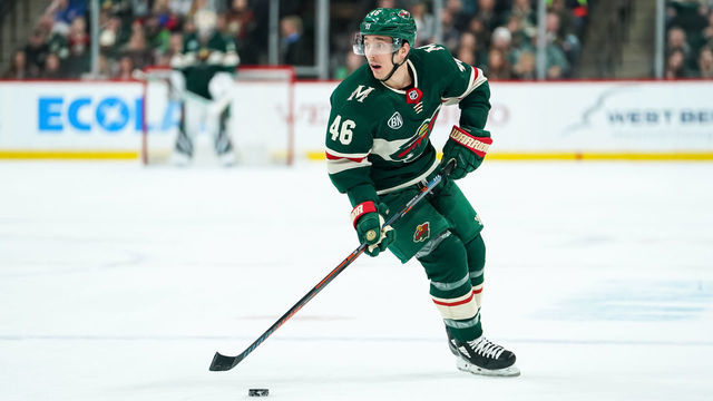ST. PAUL, MN - MARCH 16: Jared Spurgeon #46 of the Minnesota Wild skates with the puck in the third period against the New York Rangers on March 16, 2019 at Xcel Energy Center in St. Paul, Minnesota. The Minnesota Wild defeated the New York Rangers 5-2.
