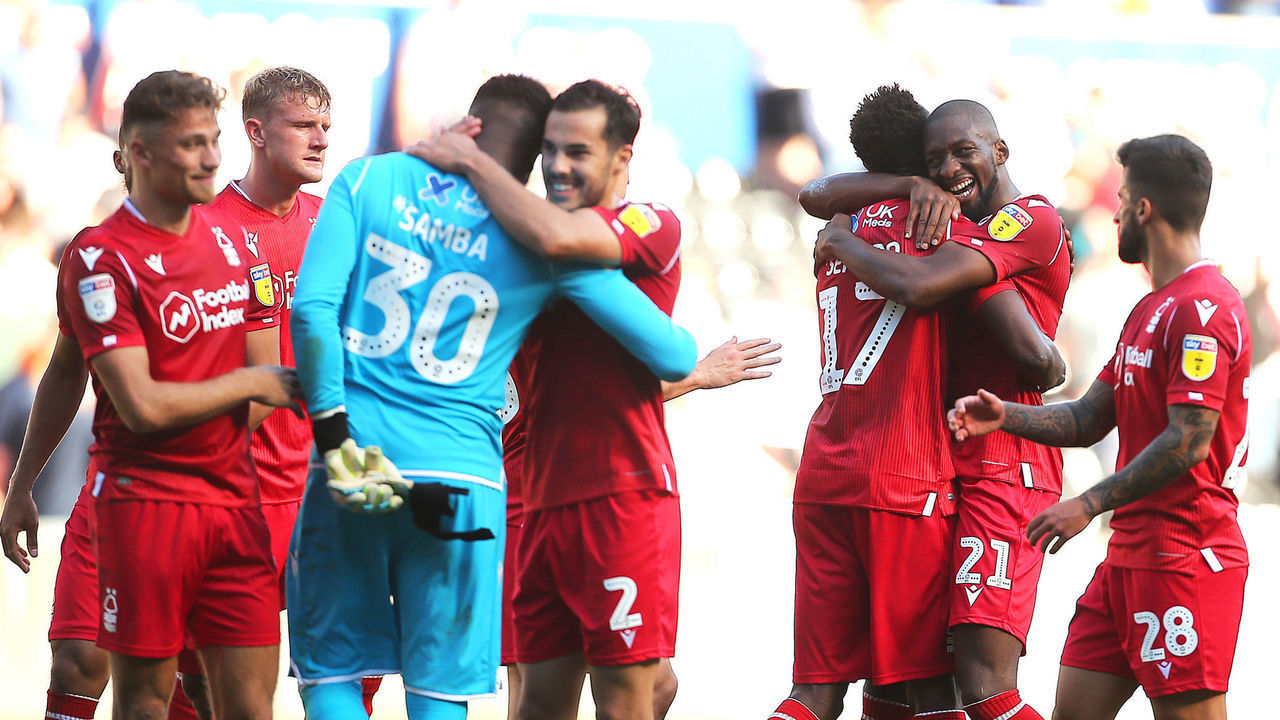 Nottingham Forest's Alfa Semedo celebrates with Samba Sow and team-mates at full time during the Sky Bet Championship match at the Liberty Stadium, Swansea.