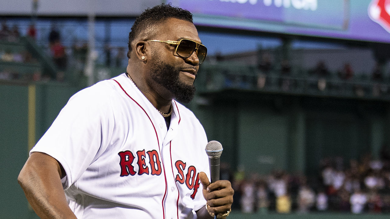 BOSTON, MA - SEPTEMBER 9: Former designated hitter David Ortiz #34 of the Boston Red Sox addresses the crowd after throwing out a ceremonial first pitch as he returns to Fenway Park before a game against the New York Yankees on September 9, 2019 at Fenway Park in Boston, Massachusetts.