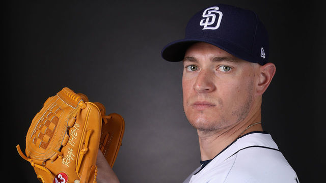 PEORIA, ARIZONA - FEBRUARY 21: Pitcher Garrett Richards #43 of the San Diego Padres poses for a portrait during photo day at Peoria Stadium on February 21, 2019 in Peoria, Arizona.