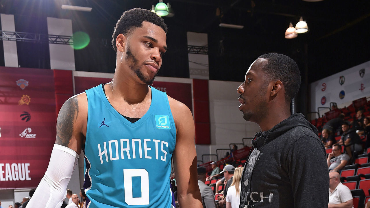 Las Vegas, NV - JULY 5: Miles Bridges #0 of the Charlotte Hornets talks to NBA Agent Rich Paul during the game against the Golden State Warriors during Day 1 of the 2019 Las Vegas Summer League on July 5, 2019 at the Cox Pavilion in Las Vegas, Nevada. Mandatory Copyright Notice: Copyright 2019 NBAE