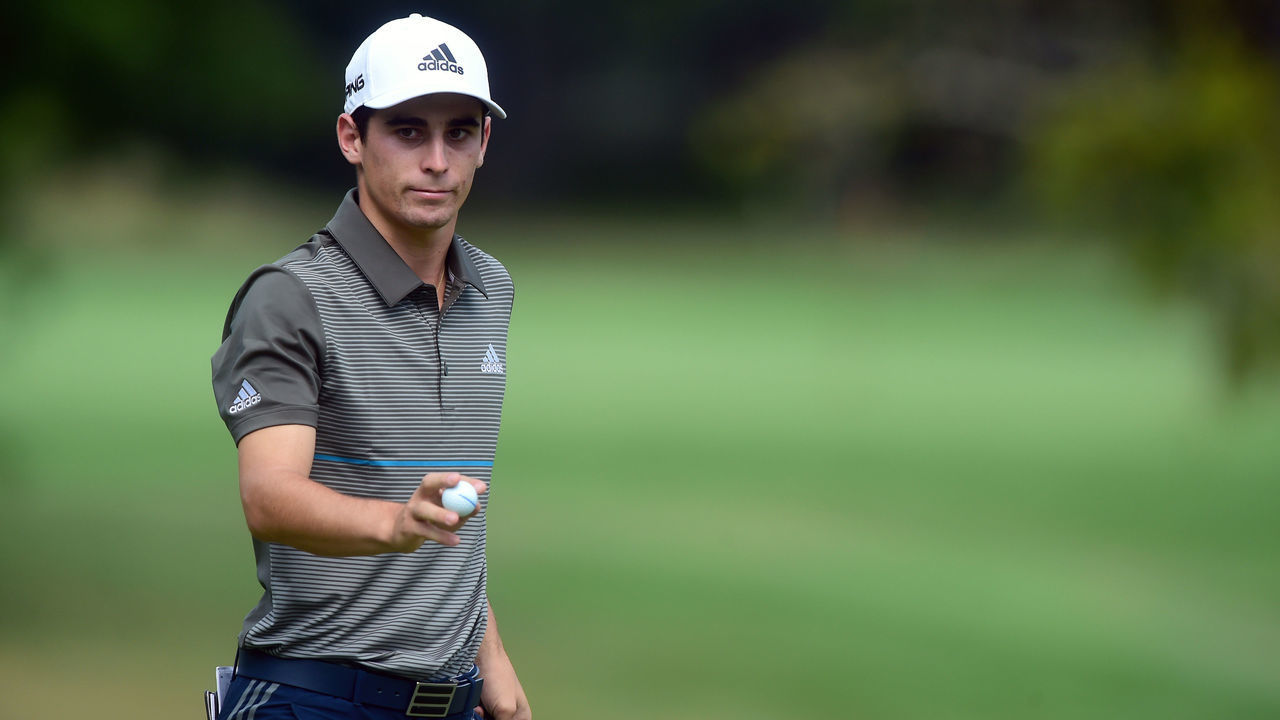 WHITE SULPHUR SPRINGS, WEST VIRGINIA - SEPTEMBER 14: Joaquin Niemann of Chile reacts following his putt on the seventh green during the third round of A Military Tribute At The Greenbrier held at the Old White TPC course on September 14, 2019 in White Sulphur Springs, West Virginia.