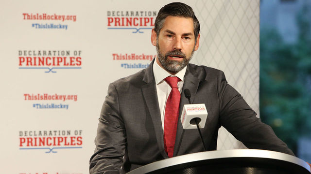 NEW YORK, NY - SEPTEMBER 06: NHLPA Special Assistant to the Executive Director, Mathieu Schneider, speaks during the NHL Declaration of Principles in NYC press conference at Del Friscos on September 6, 2017 in New York City.