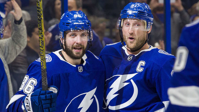 TAMPA, FL - OCTOBER 30: Nikita Kucherov #86 and Steven Stamkos #91 of the Tampa Bay Lightning celebrate a goal against the New Jersey Devils during the third period at Amalie Arena on October 30, 2018 in Tampa, Florida.