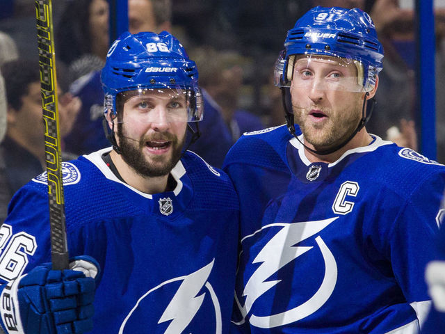 TAMPA, FL - OCTOBER 30: Nikita Kucherov #86 and Steven Stamkos #91 of the Tampa Bay Lightning celebrate a goal against the New Jersey Devils during the third period at Amalie Arena on October 30, 2018 in Tampa, Florida.