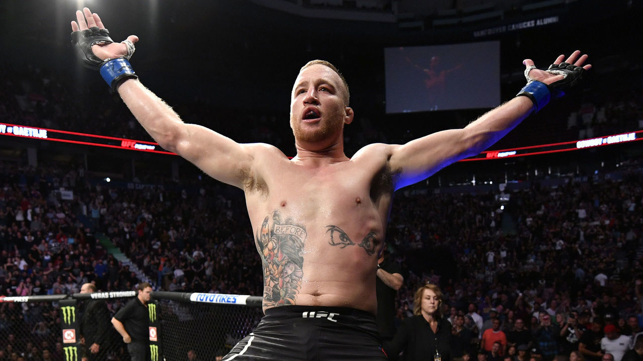 VANCOUVER, BRITISH COLUMBIA - SEPTEMBER 14: Justin Gaethje celebrates after defeating Donald Cerrone in their lightweight bout during the UFC Fight Night event at Rogers Arena on September 14, 2019 in Vancouver, Canada.