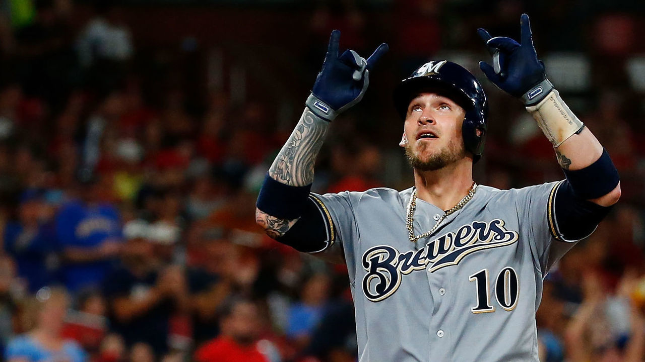 ST LOUIS, MO - SEPTEMBER 14: Yasmani Grandal #10 of the Milwaukee Brewers celebrates after hitting a two-run home run against the St. Louis Cardinals in the eighth inning at Busch Stadium on September 14, 2019 in St Louis, Missouri.