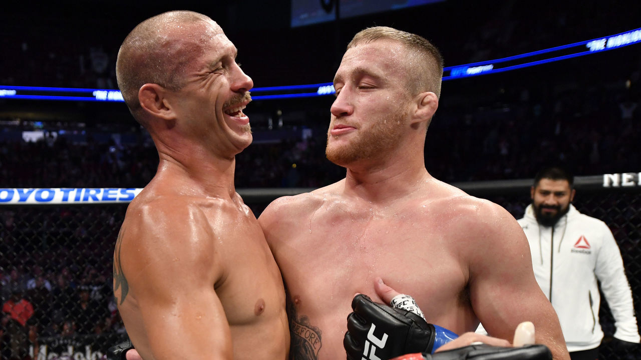 VANCOUVER, BRITISH COLUMBIA - SEPTEMBER 14: (R-L) Justin Gaethje and Donald Cerrone hug after their lightweight bout during the UFC Fight Night event at Rogers Arena on September 14, 2019 in Vancouver, Canada.
