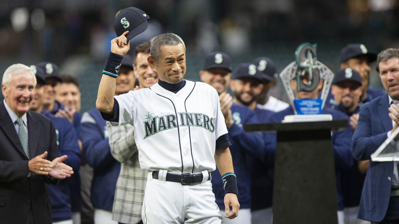 SEATTLE, WA - SEPTEMBER 14: Former Seattle Mariners player Ichiro Suzuki tips his cap to the crowd as he receives the Seattle Mariners Franchise Achievement Award before the game against the Chicago White Sox at T-Mobile Park on September 14, 2019 in Seattle, Washington.