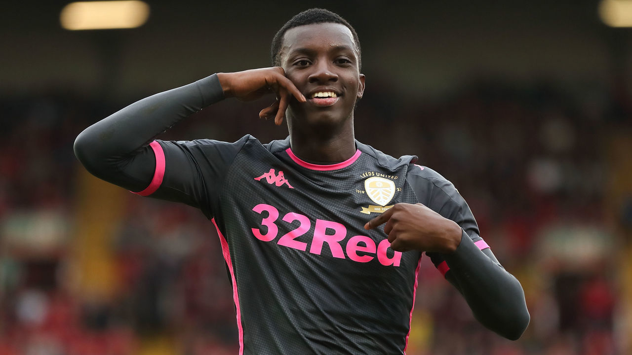 BARNSLEY, ENGLAND - SEPTEMBER 15: Eddie Nketiah of Leeds United celebrates after scoring a goal to make it 0-1 during the Sky Bet Championship match between Barnsley and Leeds United at Oakwell Stadium on September 15, 2019 in Barnsley, England.