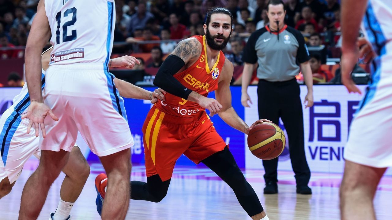 Spain's Ricky Rubio dribbles with the ball during the Basketball World Cup final game between Argentina and Spain in Beijing on September 15, 2019.