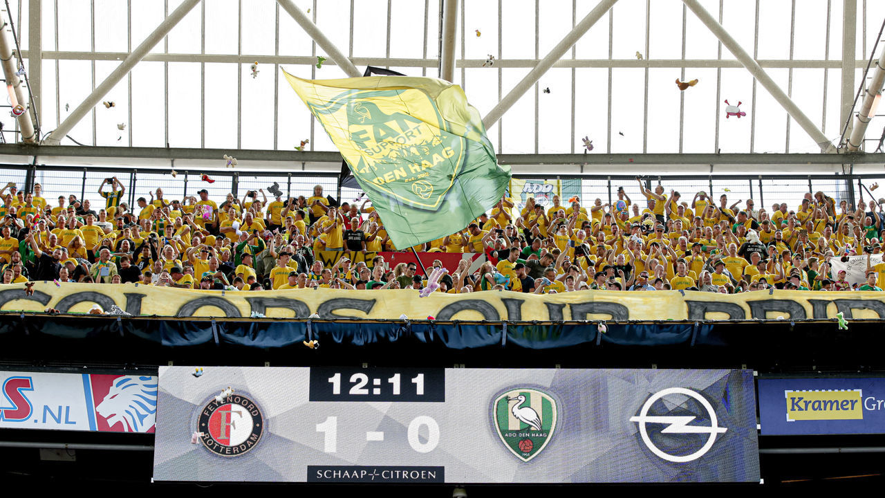 ROTTERDAM, NETHERLANDS - SEPTEMBER 15: ADO Den Haag supporters throw cuddly toys at Feyenoord fans to support Sophia Kinderziekenhuis during the Dutch Eredivisie match between Feyenoord v ADO Den Haag at the Stadium Feijenoord on September 15, 2019 in Rotterdam Netherlands
