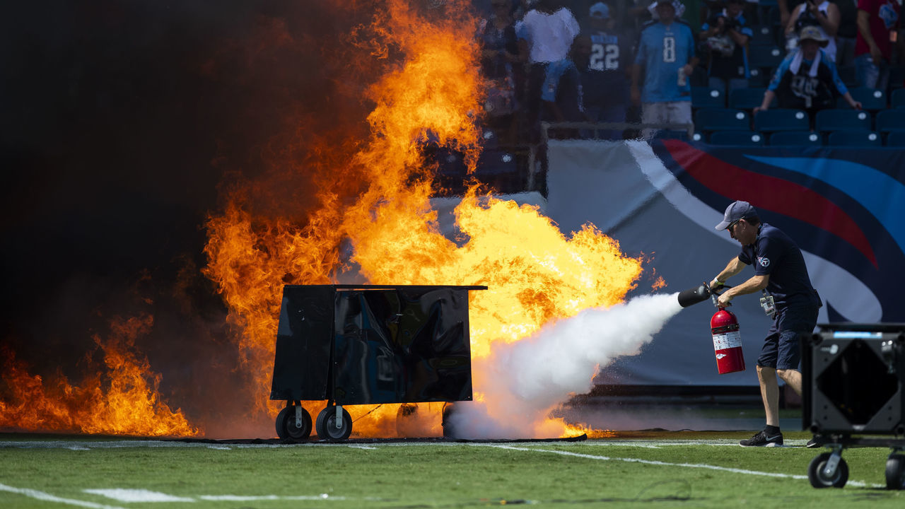 NASHVILLE, TN - SEPTEMBER 15: A failed pyrotechnic device bursts into flames before the game between the Tennessee Titans and the Indianapolis Colts at Nissan Stadium on September 15, 2019 in Nashville, Tennessee.