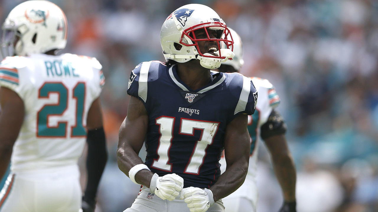 MIAMI, FLORIDA - SEPTEMBER 15: Wide Receiver Antonio Brown #17 of the New England Patriots celebrates after a catch against the Miami Dolphins during the first quarter in the game at Hard Rock Stadium on September 15, 2019 in Miami, Florida.