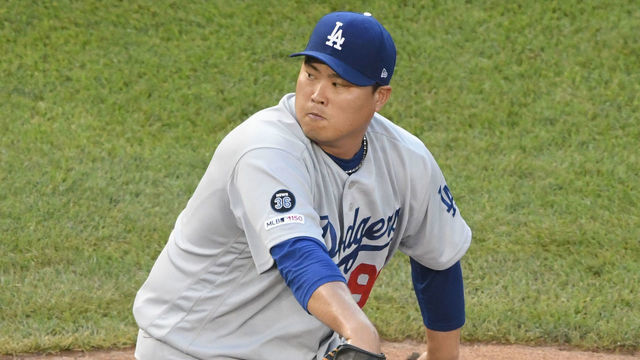 WASHINGTON, DC - JULY 26: Hyun-Jin Ryu #99 of the Los Angeles Dodgers pitches during a baseball game against the Washington Nationals at Nationals Park on July 26, 2019 in Washington, DC.