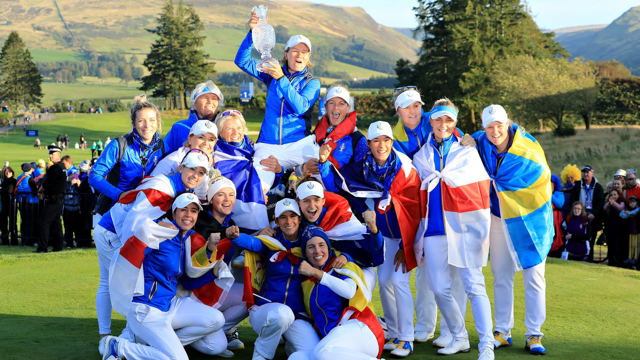 AUCHTERARDER, SCOTLAND - SEPTEMBER 15: Team Europe celebrate winning the Solheim Cup during the final day singles matches of the Solheim Cup at Gleneagles on September 15, 2019 in Auchterarder, Scotland.