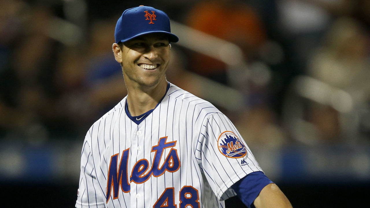 NEW YORK, NEW YORK - SEPTEMBER 09: Jacob deGrom #48 of the New York Mets smiles as he walks to the dugout after the final out of the seventh inning against the Arizona Diamondbacks at Citi Field on September 09, 2019 in New York City.