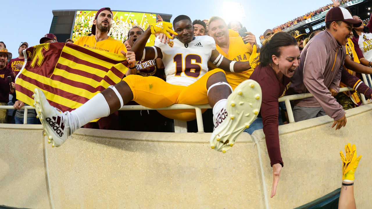 EAST LANSING, MI - SEPTEMBER 14: Arizona State defensive back Aashari Crosswell (16) celebrates with fans following a college football game between the Michigan State Spartans and Arizona State Sun Devils on September 14, 2019 at Spartan Stadium in East Lansing, MI.