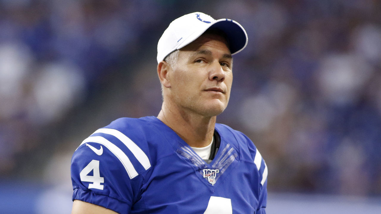 INDIANAPOLIS, INDIANA - AUGUST 24: Adam Vinatieri #4 of the Indianapolis Colts on the sidelines during the preseason game against the Chicago Bears at Lucas Oil Stadium on August 24, 2019 in Indianapolis, Indiana.