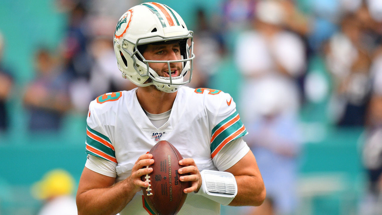 MIAMI, FLORIDA - SEPTEMBER 15: Josh Rosen #3 of the Miami Dolphins warms up prior to the game against the New England Patriots at Hard Rock Stadium on September 15, 2019 in Miami, Florida.