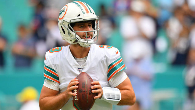 MIAMI, FLORIDA - SEPTEMBER 15: Josh Rosen #3 of the Miami Dolphins warms up prior to the game against the New England Patriots at Hard Rock Stadium on September 15, 2019 in Miami, Florida.