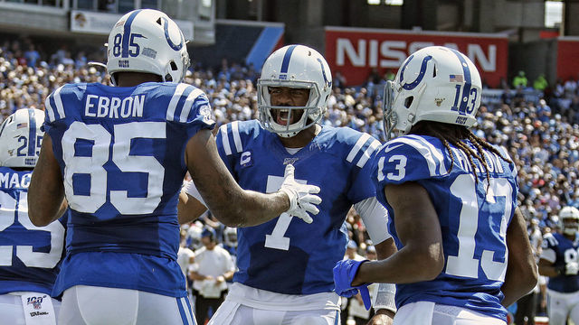 NASHVILLE, TENNESSEE - SEPTEMBER 15: Quarterback Jacoby Brissett #7 of the Indianapolis Colts celebrates with teammate Eric Ebron #85 on a touchdown against the Tennessee Titans during the first half at Nissan Stadium on September 15, 2019 in Nashville, Tennessee.