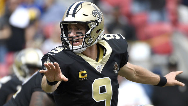 LOS ANGELES, CALIFORNIA - SEPTEMBER 15: Drew Brees #9 of the New Orleans Saints calls the play against the Los Angeles Rams during the first half at Los Angeles Memorial Coliseum on September 15, 2019 in Los Angeles, California.