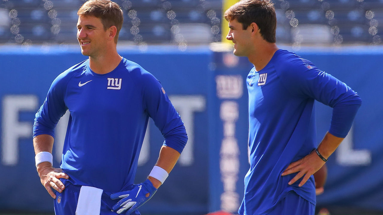 EAST RUTHERFORD, NJ - SEPTEMBER 15: New York Giants quarterback Eli Manning (10) and New York Giants quarterback Daniel Jones (8) prior to the National Football League game between the New York Giants and Buffalo Bills on September 15, 2019 at MetLife Stadium in East Rutherford, NJ.