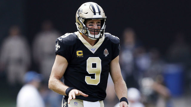 LOS ANGELES, CALIFORNIA - SEPTEMBER 15: Drew Brees #9 of the New Orleans Saints reacts after injuring his throwing hand during the first quarter against the Los Angeles Rams in the game at Los Angeles Memorial Coliseum on September 15, 2019 in Los Angeles, California.