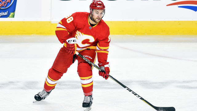 CALGARY, AB - APRIL 11: Calgary Flames Left Wing Andrew Mangiapane (88) skates with the puck during the first period of Game One of the Western Conference First Round during the 2019 Stanley Cup Playoffs where the Calgary Flames hosted the Colorado Avalanche on April 11, 2019, at the Scotiabank Saddledome in Calgary, AB.
