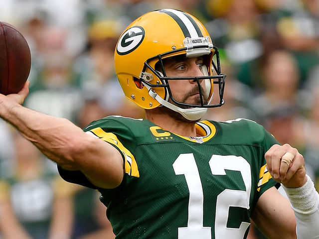 GREEN BAY, WISCONSIN - SEPTEMBER 15: Aaron Rodgers #12 of the Green Bay Packers passes the ball in the fourth quarter against the Minnesota Vikings at Lambeau Field on September 15, 2019 in Green Bay, Wisconsin.