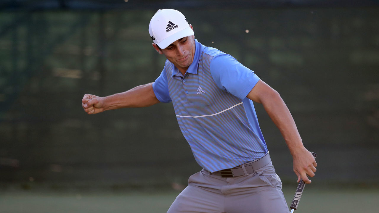 WHITE SULPHUR SPRINGS, WEST VIRGINIA - SEPTEMBER 15: Joaquin Niemann of the Chile celebrates a birdie putt on the 18th green to win A Military Tribute at The Greenbrier held at the Old White TPC course on September 15, 2019 in White Sulphur Springs, West Virginia.