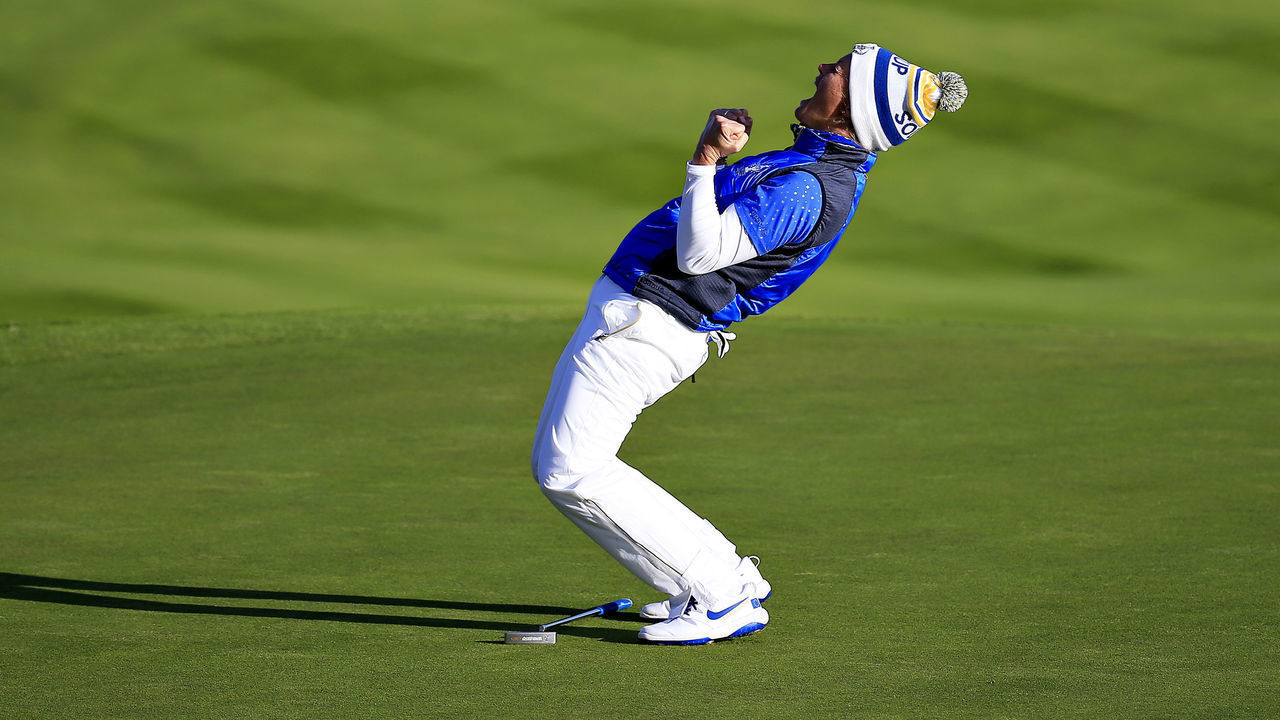 AUCHTERARDER, SCOTLAND - SEPTEMBER 15: Suzann Pettersen of Team Europe celebrates her winning putt on the eighteenth hole in her match with Marina Alex of Team USA during the final day singles matches of the Solheim Cup at Gleneagles on September 15, 2019 in Auchterarder, Scotland.