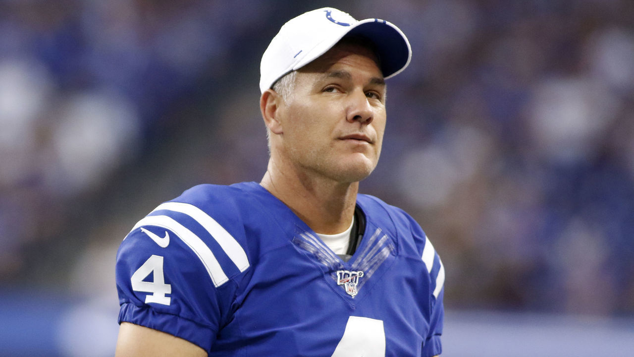 INDIANAPOLIS, INDIANA - AUGUST 24: Adam Vinatieri #4 of the Indianapolis Colts on the sidelines during the preseason game against the Chicago Bears at Lucas Oil Stadium on August 24, 2019 in Indianapolis, Indiana.