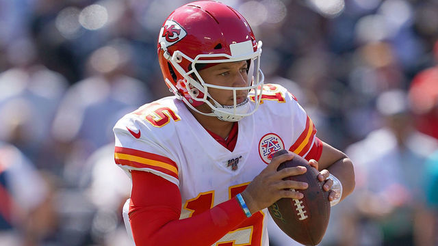 OAKLAND, CA - SEPTEMBER 15: Patrick Mahomes #15 of the Kansas City Chiefs drops back to pass against the Oakland Raiders during the second quarter of an NFL football game at RingCentral Coliseum on September 15, 2019 in Oakland, California.