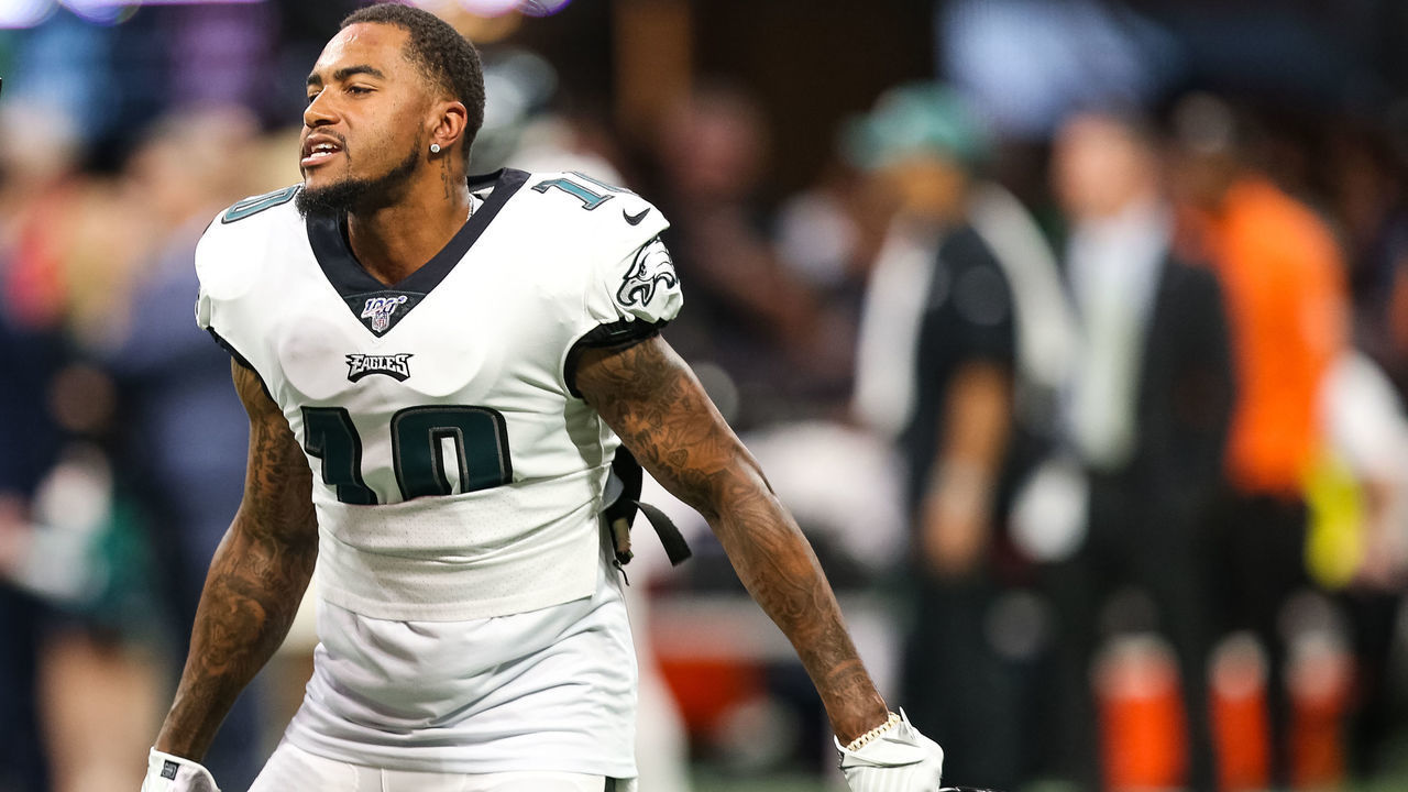 ATLANTA, GA - SEPTEMBER 15: DeSean Jackson #10 of the Philadelphia Eagles warms up prior to the start of the game against the Atlanta Falcons at Mercedes-Benz Stadium on September 15, 2019 in Atlanta, Georgia.